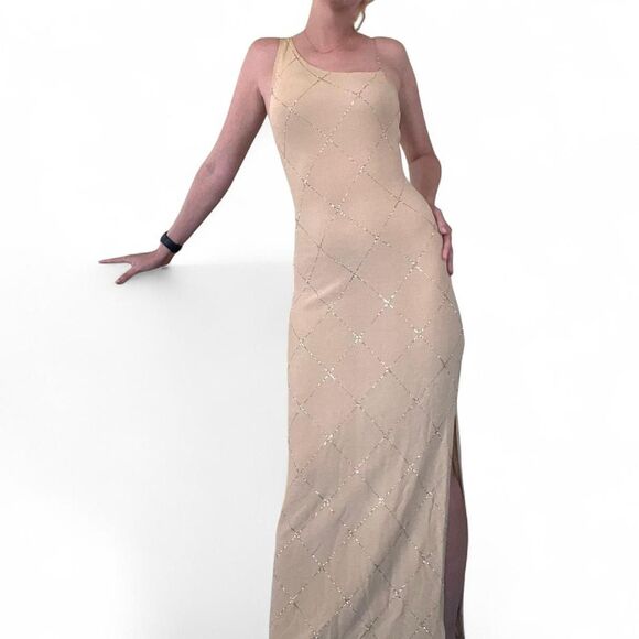 Vintage y2k 90s Charlotte Russe Size M Tan Gold Assymetrical Maxi Bodycon Slit - Picture 3 of 7